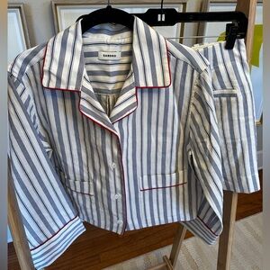 Sandro SET Women's Blue and Ecru Striped Jacket and shorts with Red Accents